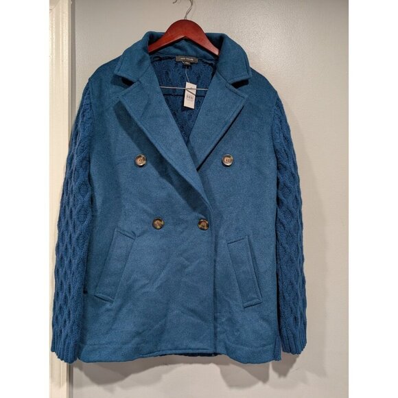 NEW ANN TAYLOR $198 SEA STORM BLUE MIXED MEDIA CABLE COATIGAN JACKET SZ LARGE - Picture 2 of 16